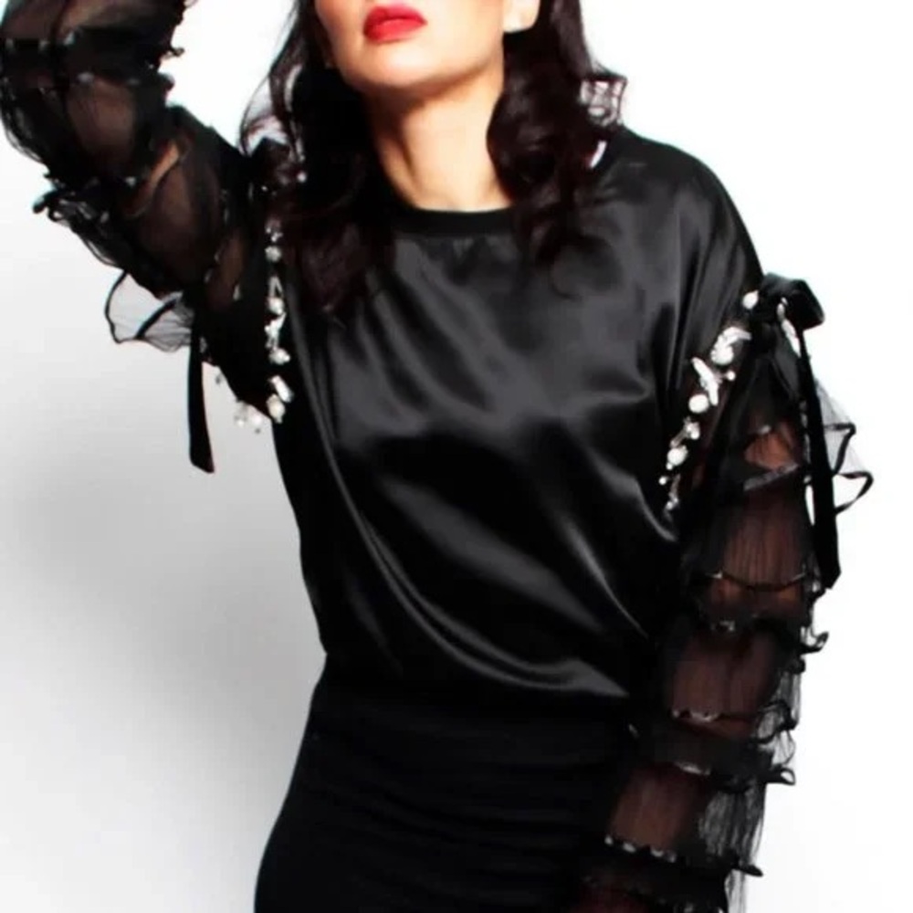 Y2K 2000s Black Silky Top with Decorative Pearl Ruffle Sleeves in size M